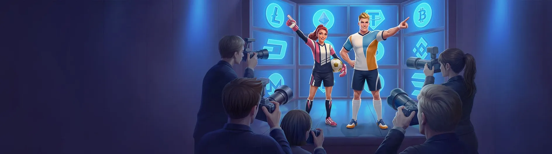 Werbebanner von Golisimo: Fußballfiguren vor einem Hintergrund mit Kryptomotiven, ohne Schrift im Bild